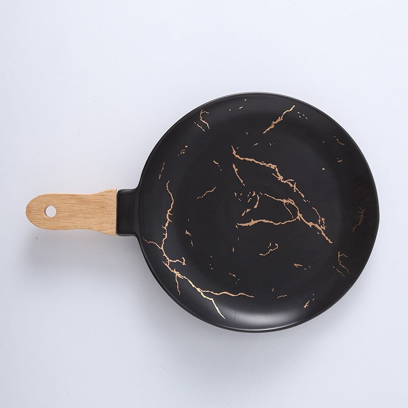 Marble Stripe Round Ceramic Pizza Pasta Plate Cookware Porcelain Sushi Tableware Wooden Bamboo Handle Hold In Hand Suspension