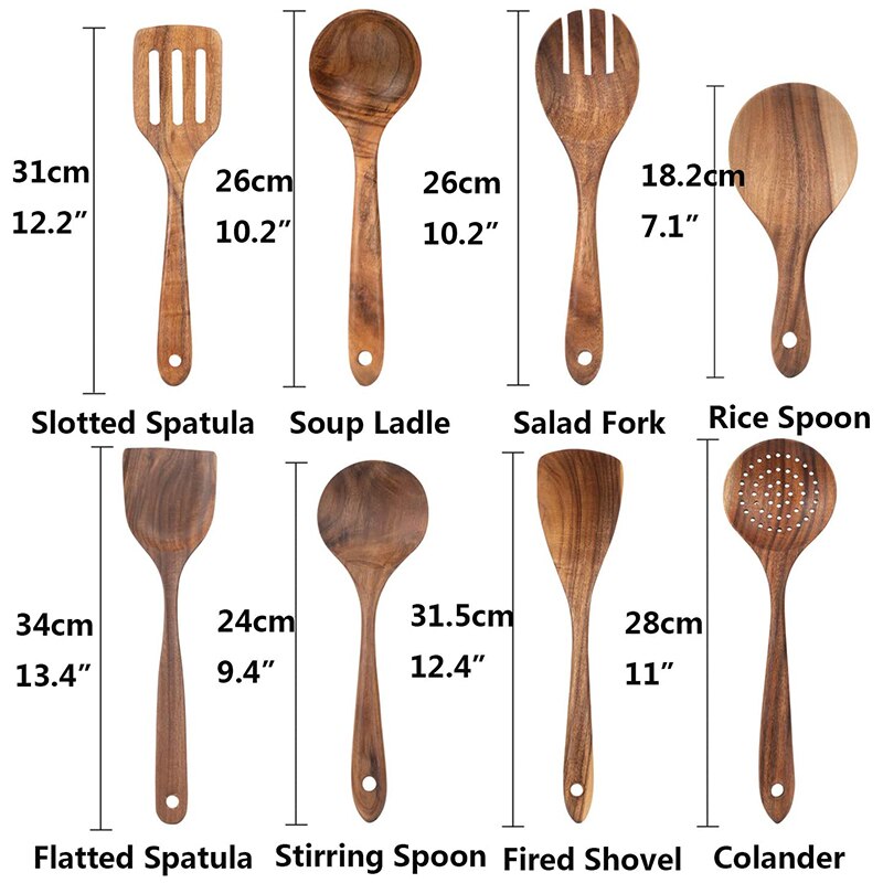 8 -delige kooklepelset van teakhout, kookgerei van hout, kookgerei, keukengerei en gadgets