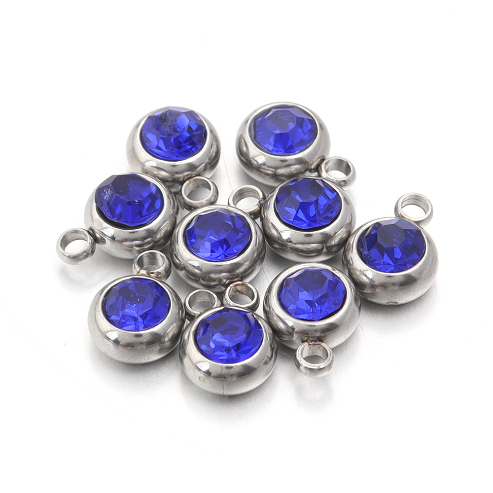 10pcs/lot Stainless Steel Birthstone Pendant 6mm Flat Round Rhinestone Charms Pendant For DIY Jewelry Making Necklace Bracelet: Black Gun Plated