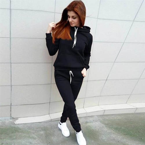 Sports Suit Women Autumn Winter Tracksuit Casual Solid Sportswear Running Jogging Suits Hoody Sweatpants 2pcs Sets Clothing: 2Pcs Black / L