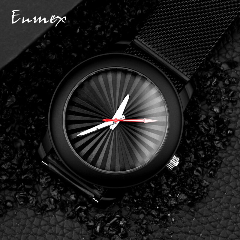 Enmex zwart polshorloge met lichtgevende wijzers, zonnestreep, echte silicagelband, stijlvolle klok, kwartshorloge