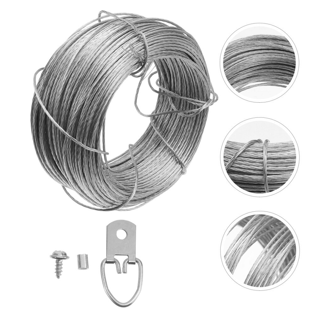 1Set Wire Rope and Photo Frame Hanging Hooks Kit Picture Hangers Picture Hanging Wire Set(20m Wire Rope +20 Sets of Rings)