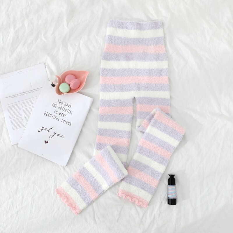 Japansk plys sovetøj bukser kvinder vinter blød varm sød regnbue stribet pink flanne hjemmetøj strikket afslappet lounge pyjamas: Lavendel