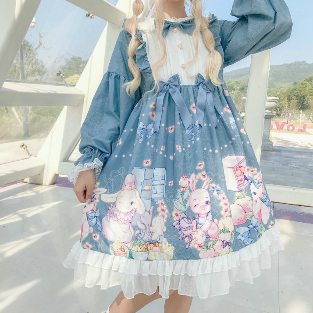 Japonés de chicas vestido Lolita OP vestido sombreros dulce Kawaii lindo vestido-Vestido largo de manga de las mujeres ropa estampada Vestidos AFC536