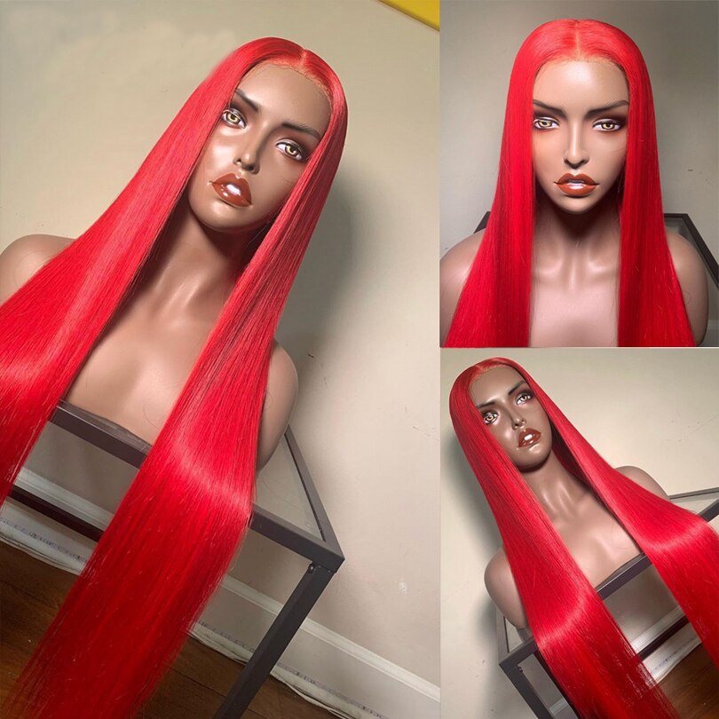 Red Synthetic Lace Front Wig Long Straight Middle Part Wigs for Women Glueless High Temperature Fiber Hair Wigs with Baby Hair
