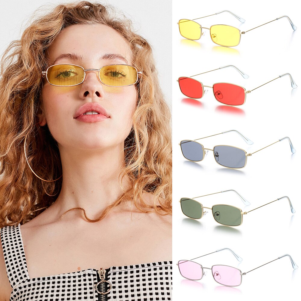 1Pc Kleine Retro Metalen Frame Fietsen Driving Zonnebril Vrouwen Mannen Rechthoek Kleurrijke Zonnebril UV400 Shades Clear Lens Eyewear