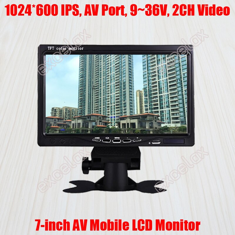 Monitor móvil analógico, 7 pulgadas, 1024x600, Puerto AV, 2 canales, pantalla LCD de 7 ", vista trasera de marcha atrás de coche, videovigilancia