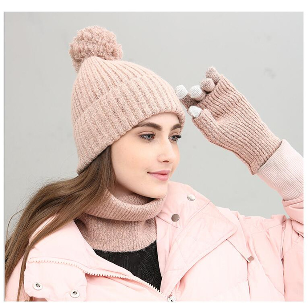 Conjunto de guantes de sombrero con bufanda tejida para mujer, guantes sin dedos para mujer, juego de bufanda Rosa Marled Infinity: Pink
