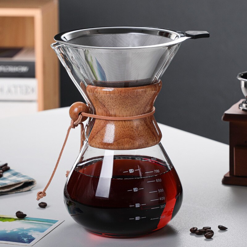 Olla de vidrio para café hecha a mano resistente al calor, juego de filtros para compartir mango de madera, adecuado para el hogar y la Oficina, 400/600/800ML: 800ML  Filter