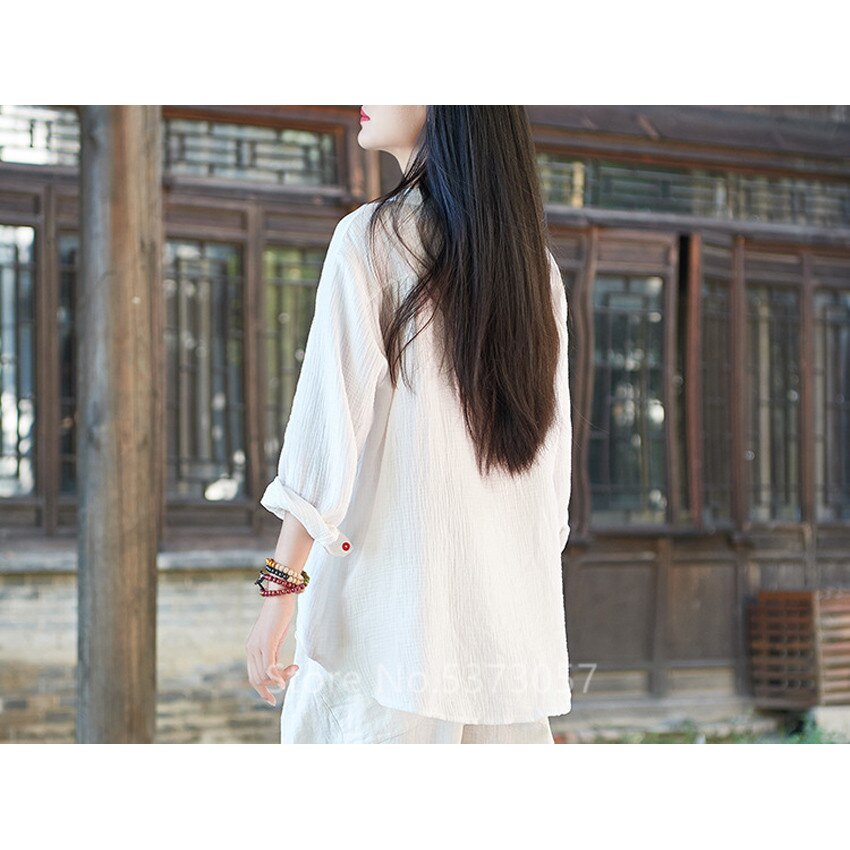 Camisa de lino de estilo chino para mujer, Blusa de algodón estilo Vintage Retro, traje Tang de Tai Chi con cuello redondo, transpirable, suave e informal