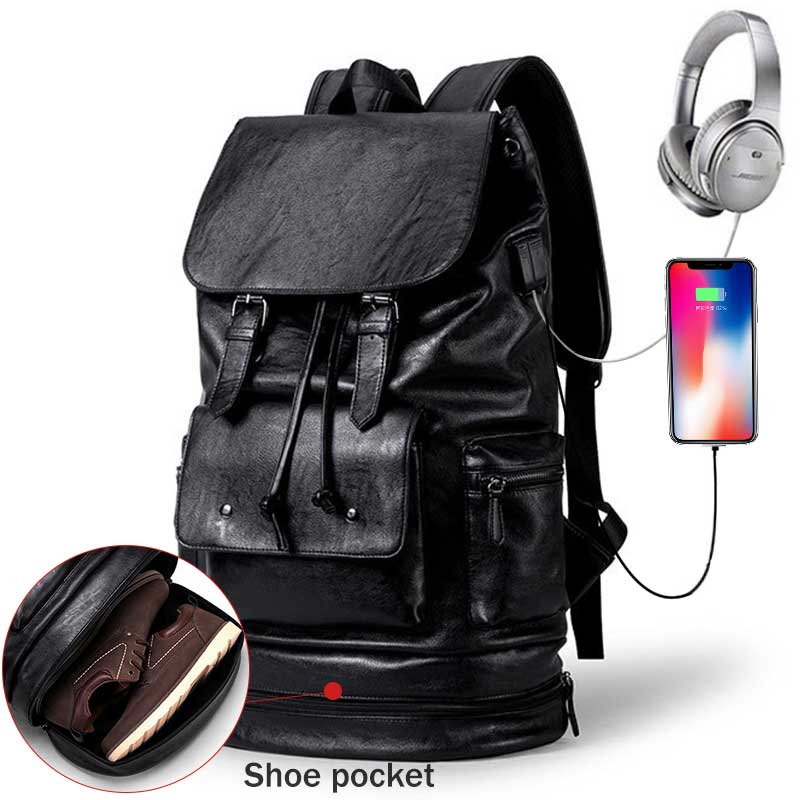 Anti Theft Men Backpack with Shoe Pocket Male Laptop Backpack PU Leather Black Travel Backpack Waterproof Travel Bag for Men: 3