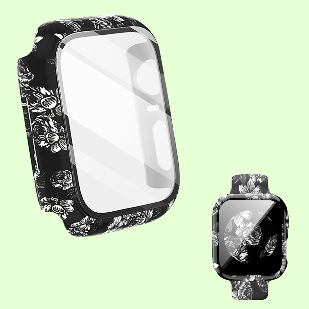 Funda + cristal para Apple Watch 44mm 40mm 38mm 42mm, cubierta protectora de leopardo de para parachoques de PC duro para iWatch SE 6 5 4 3 2 1