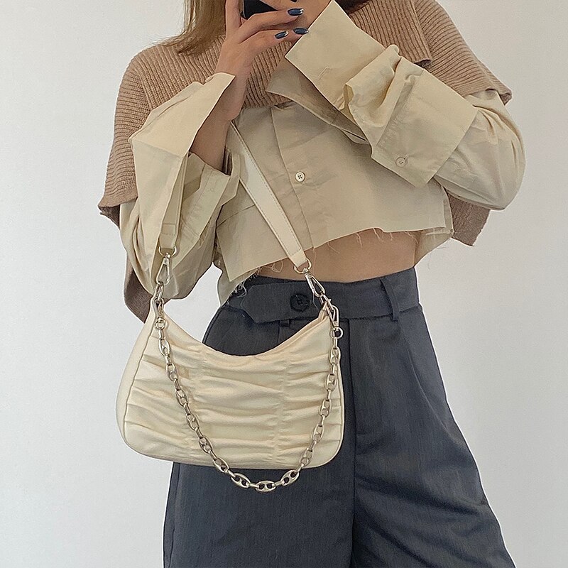 Sacs à main vintage plissés pour femmes, en cuir pu, avec chaîne, hobos, sac à bandoulière, sacoches pour filles