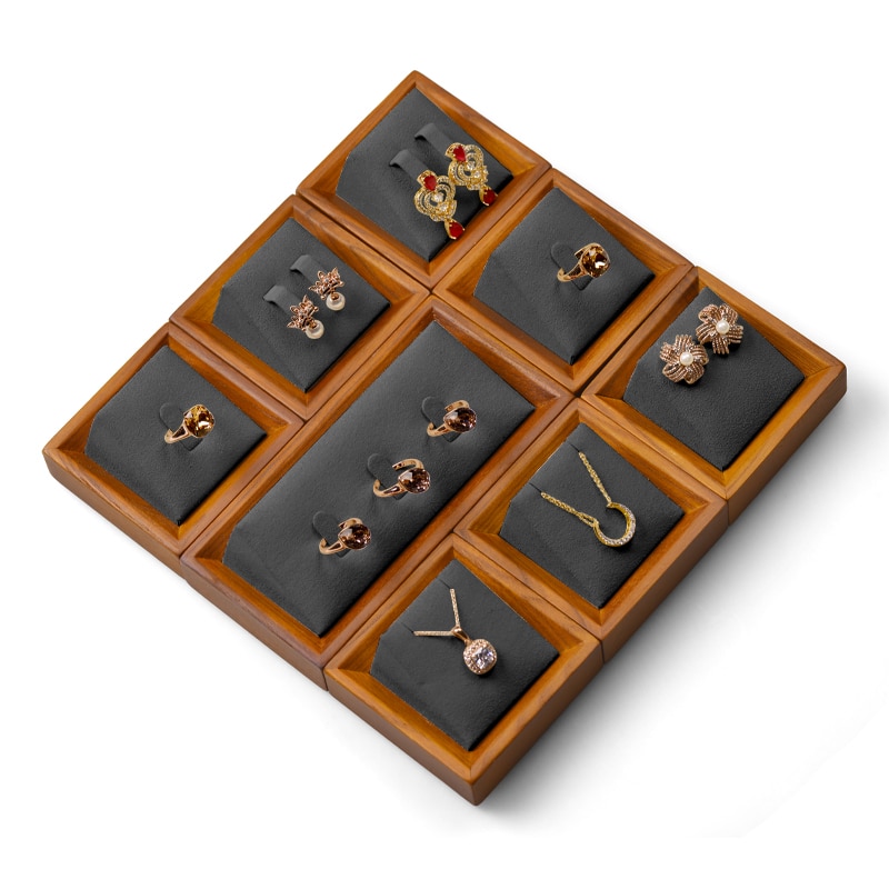 Oirlv, conjunto de soporte para presentación de joyería, anillo de madera, collar, bandeja de exhibición, brazalete, soporte organizador de joyas, estante gris multifunción