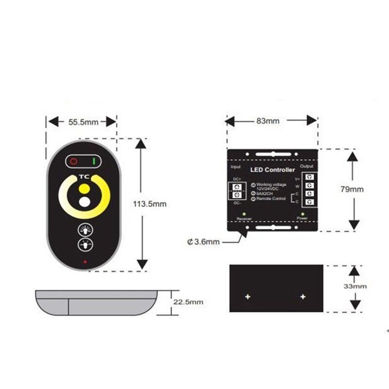 RF Touch Remote Control CT Controller DC12-24V Dual Color Temperature Remote Control LED Controller 2 Channels Wireless