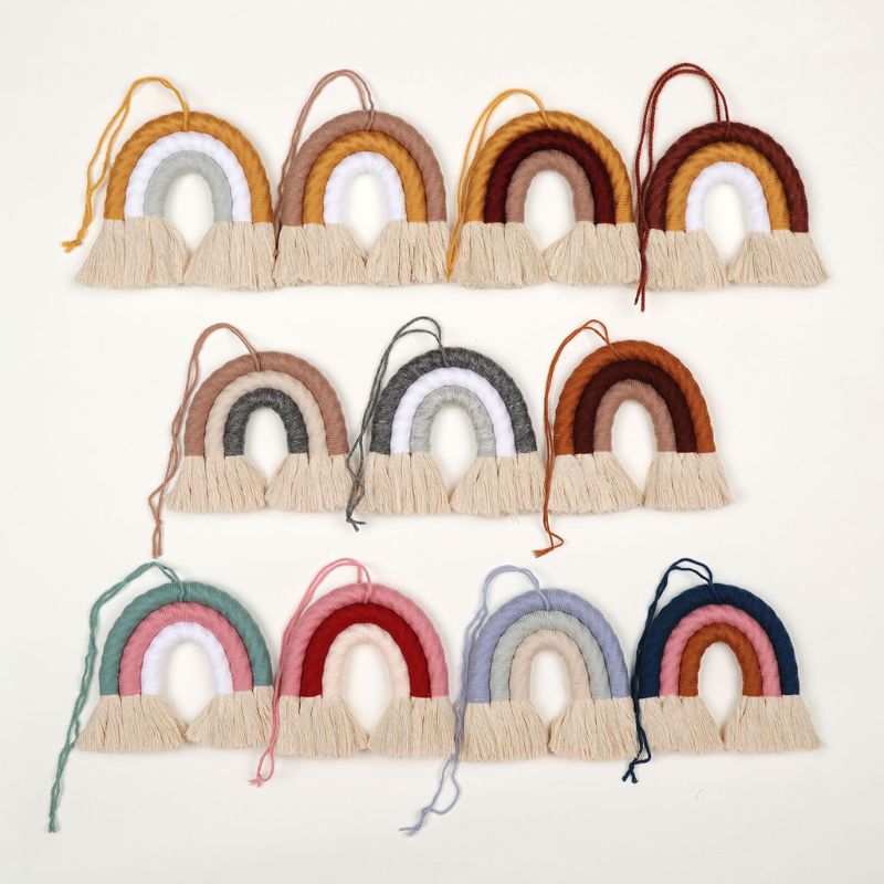 Adorno colgante de pared de arco iris de puntos, tejido hecho a mano, macramé, decoración nórdica para el hogar, guardería, habitación de niños, arte artesanal