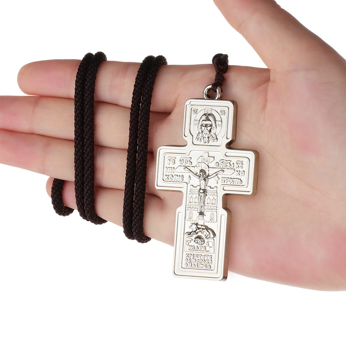 Orthodoxe Jezus Christus Kruis Hanger Kruisbeeld Pantocrator Christelijke Ketting Voor Mannen Gevlochten Touw Ketting Kerk Bid Sieraden