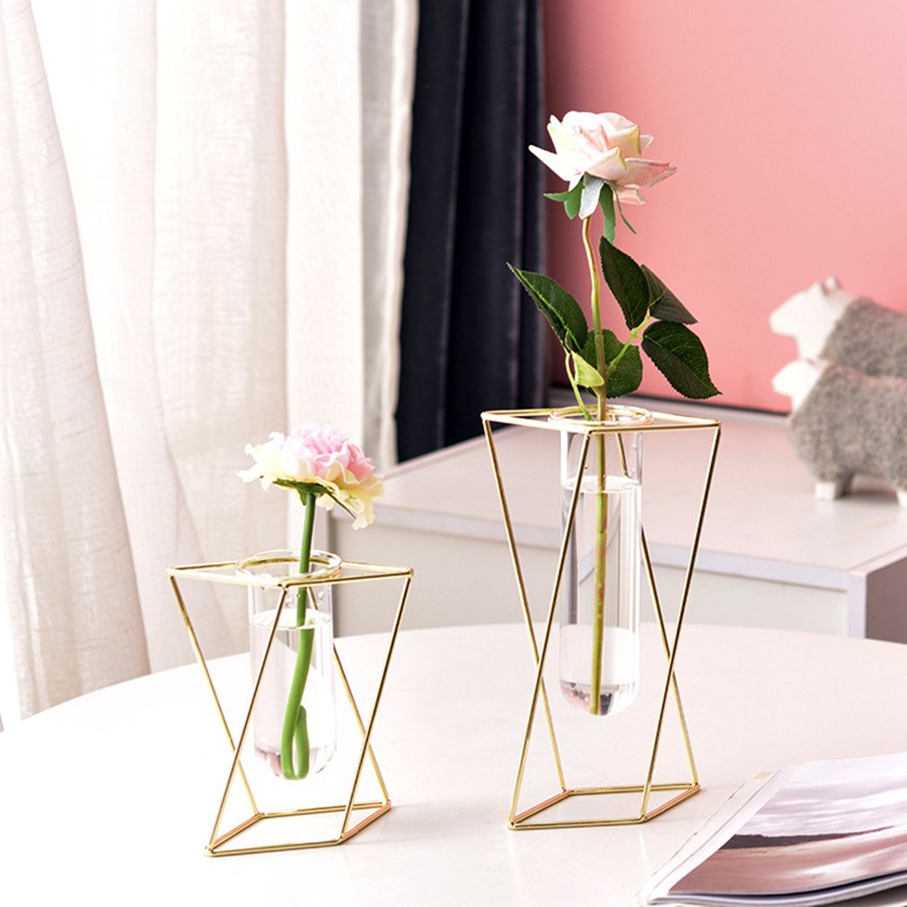 Nordisk stil glass blomsterpotte jern kunst vase rose gull hengende prøverør blomstervaser hjemmekontor dekorasjon skrivebord blomsterpotter