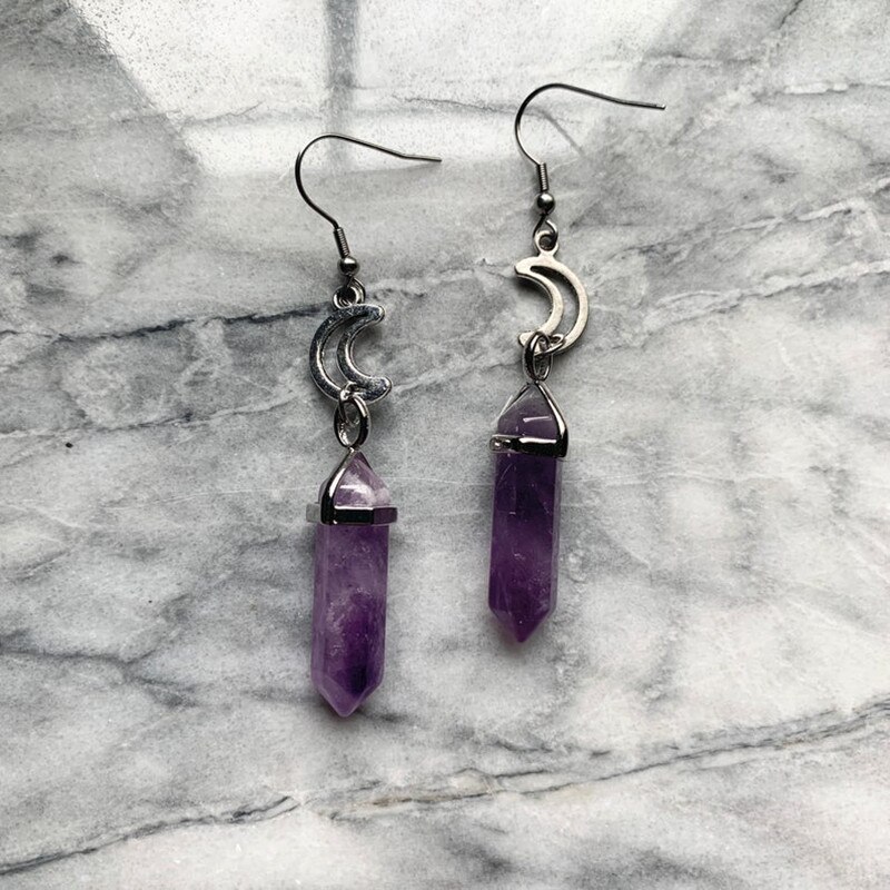 Purple Stone Moon Earrings Goth Witch Jewelry Women Delicate And Beautiful Crescent Statement