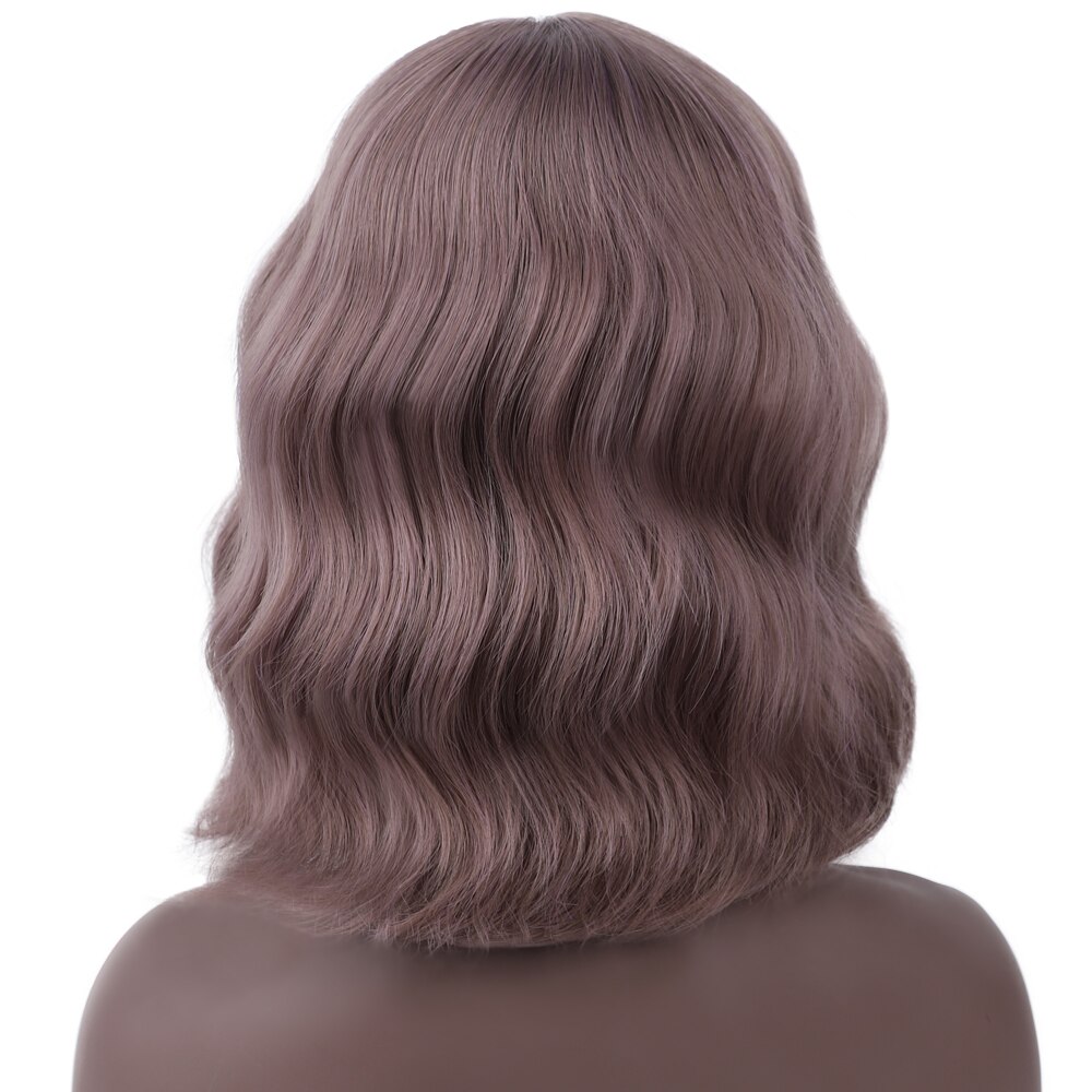 MODERN QUEEN 12" Short Water Wave Wig with Bangs Mix Grey Synthetic Wigs for Women Brown Cosplay Bob Wigs Female Daily Party