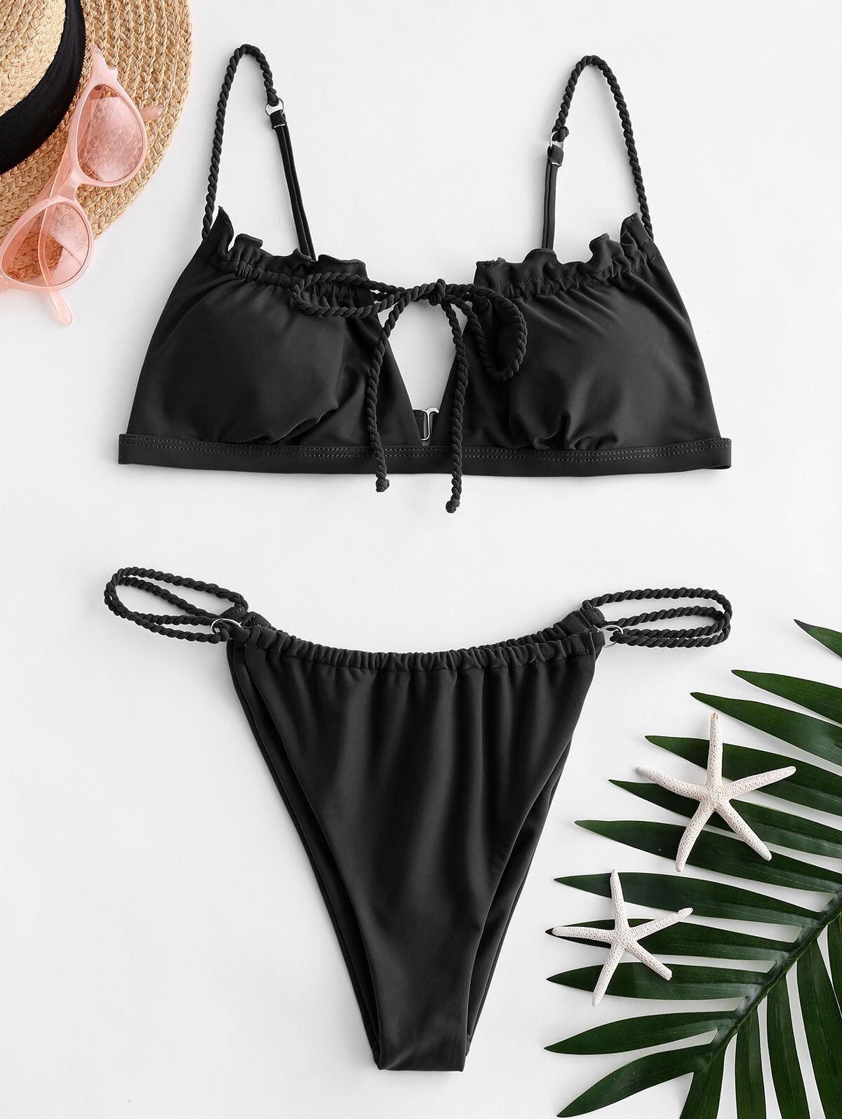 ZAFUL-Conjunto de Bikini con lazo trenzado para mujer, conjunto de Bikini femenino de tela brillante, trajes de baño sólidos azules, ropa de playa de verano,