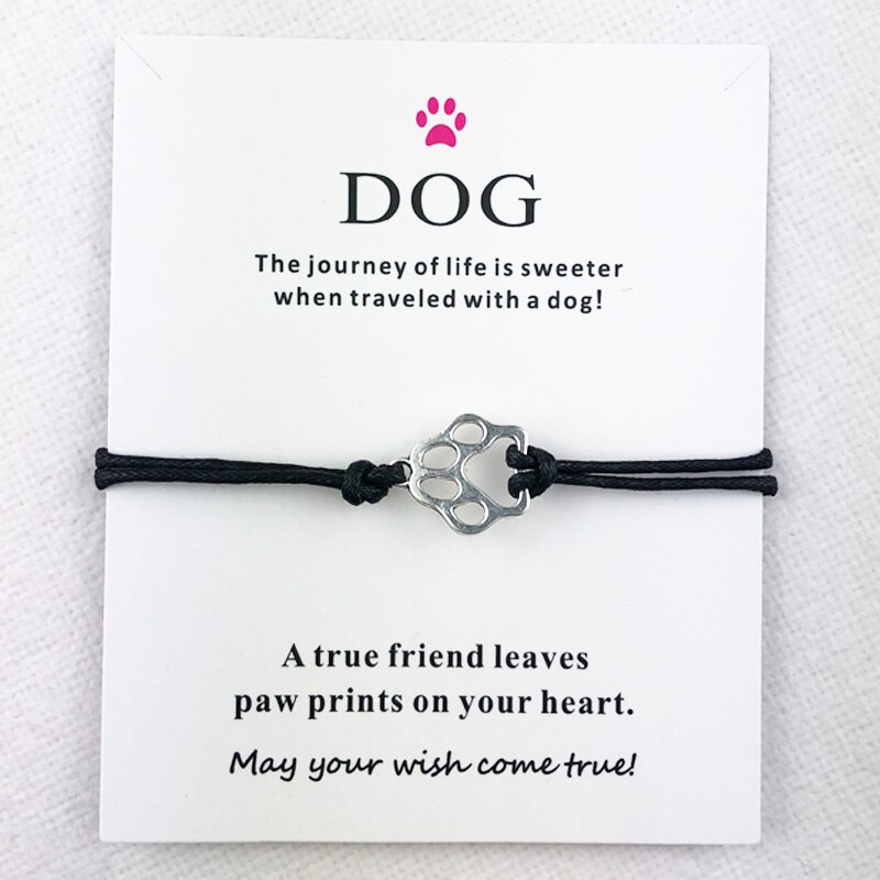 Tibetaans Zilveren Hond Kat Poot Verbinding Charms Manchet Multilayer Wax Touw Dier Armbanden Vrouwen Mannen Met Card Armband Sieraden