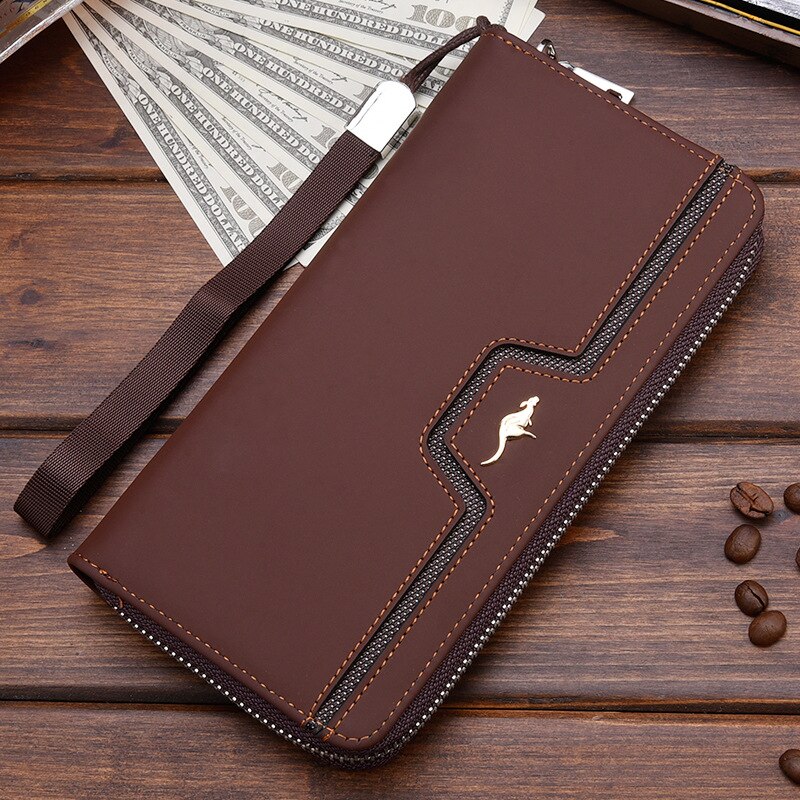 Men&#39;s Leather Wallet Zipper Long Purse Big Capacity Clutch Phone Bag Wrist Strap Coin Purse Card Holder For Male: Coffee A