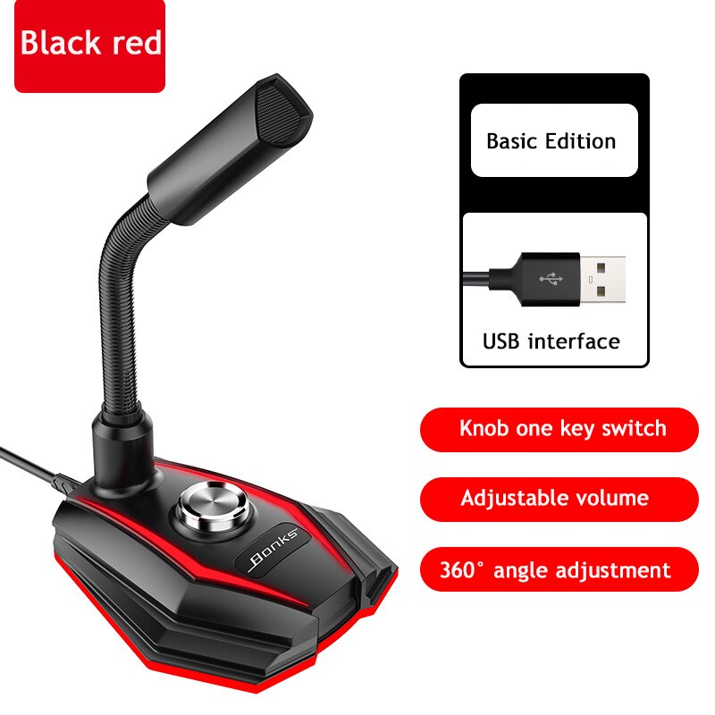 USB Microphone HD Sound Card With Speaker Headset Jack Free Drive Noise Reduction Rotate Receiver For Computer Mobile Phone: Black-Red-USB