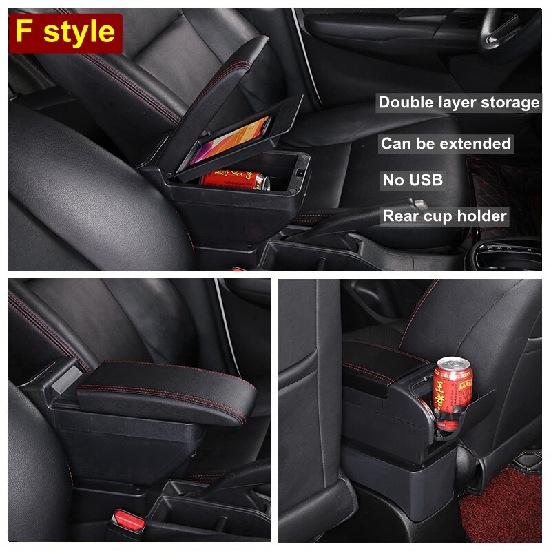 For Dacia Sandero Stepway armrest box central Store content Storage box Double layer armrest box with Ashtray Cup holders: F Black Red No USB