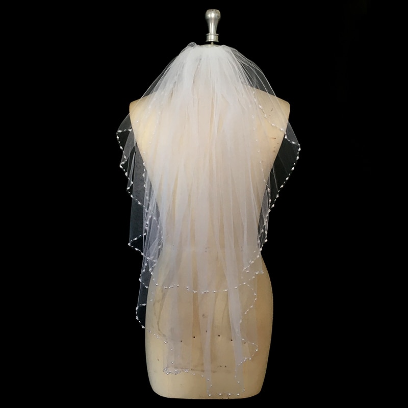 Elegante Parels Kralen Bruidssluier Korte 2 Lagen Wit Ivoor Tulle Vrouwen Bruiloft Sluier Accessoires