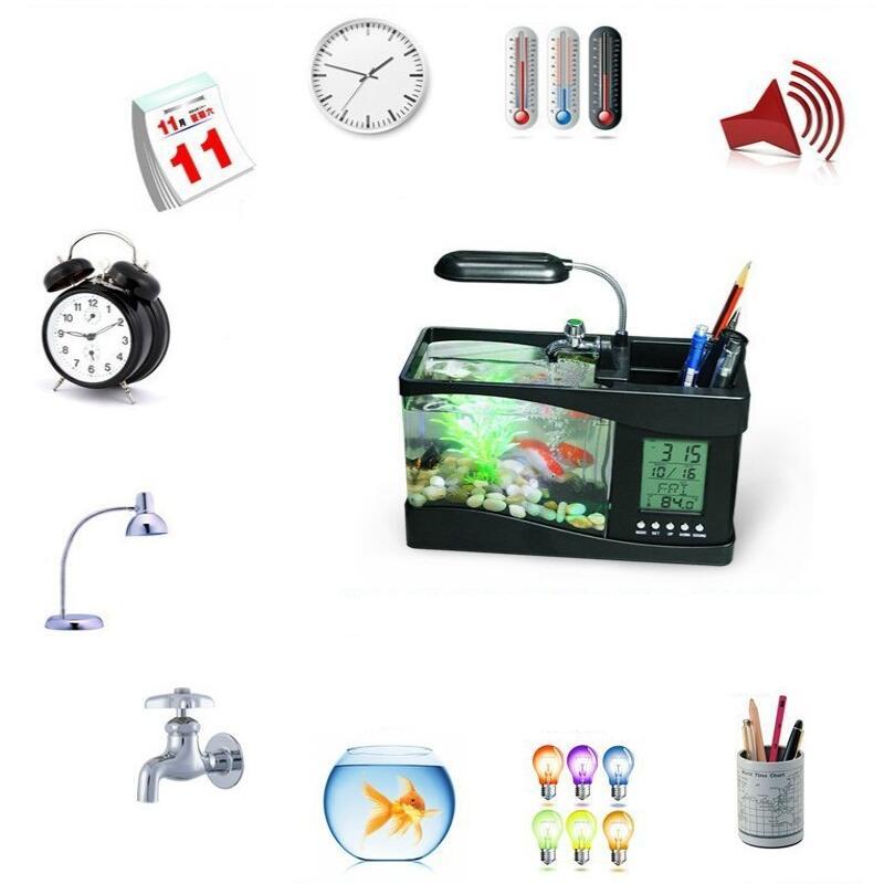 USB Desktop Mini Fish Tank Aquarium Glass LCD Timer Clock LED Lamp Light LED Aquarium Fish Tank Alarm Clock Black/White