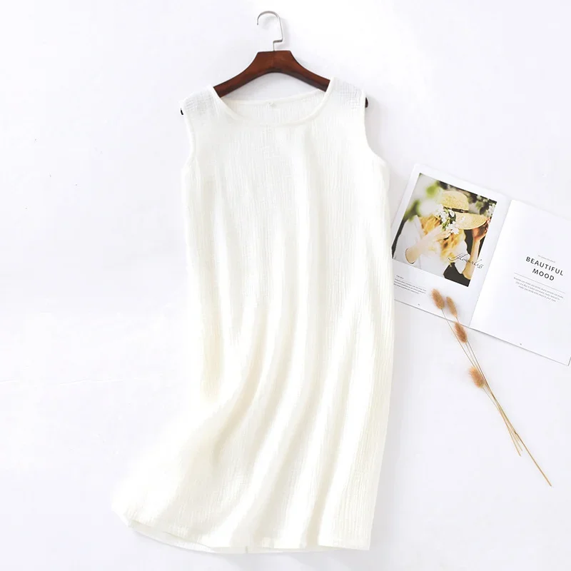 100%  cotton gauze women's dress solid o-neck short basic house nightgown female dress 121964 wla: Xl / 6
