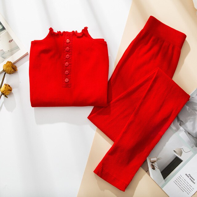 Ensfarget varm lange underbukser dame vinterklær høyhalset genser enspent volanger slankt termisk undertøysett til kvinner: Rød