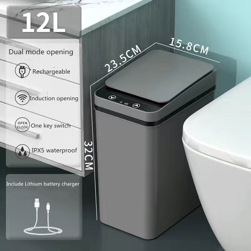 12L Intelligent Trash Can Smart Sensor Dustbin Automatic Rubbish Can USB Waterproof Dustbin Home Induction Garbage Bin Household: USB gray dual mode