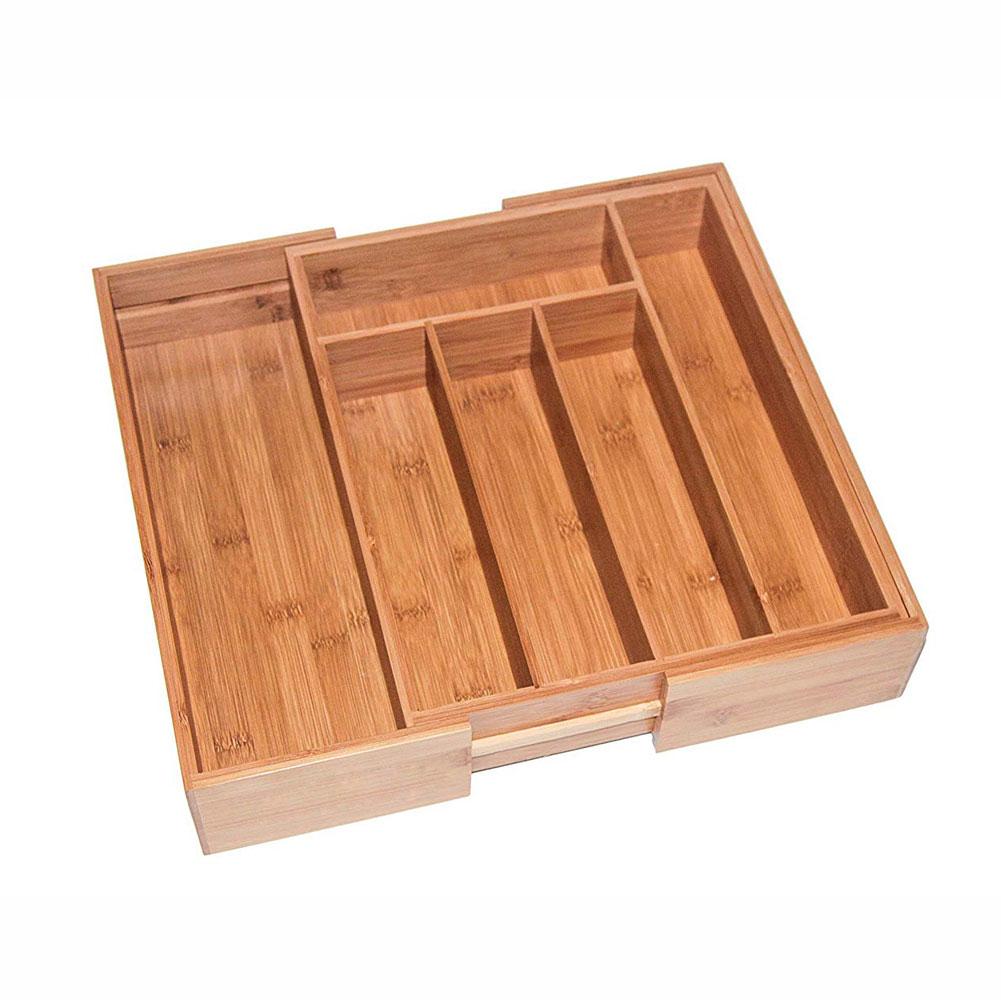 Adjustable Bamboo Drawer Kitchen Tableware Cutlery Storage Tray Box With 7 Compartments Daily Necessities Organizer Divider: Default Title