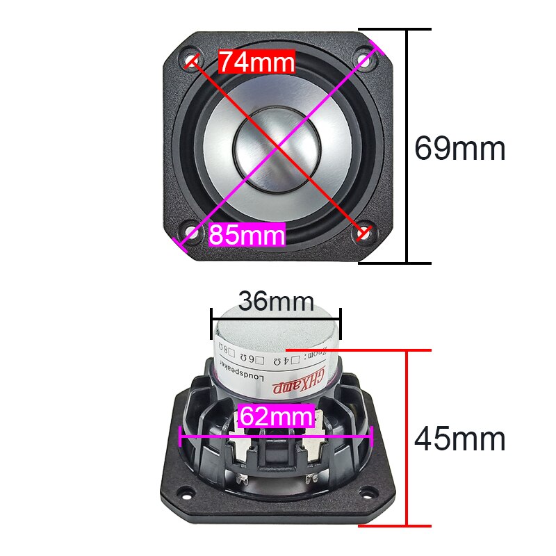 Altavoz cuadrado de neodimio de rango completo, 2,5 pulgadas, cono de aluminio anodizado, 25 núcleos, Bobina de voz, Tweeter, bajos medios, 103HZ, 20W