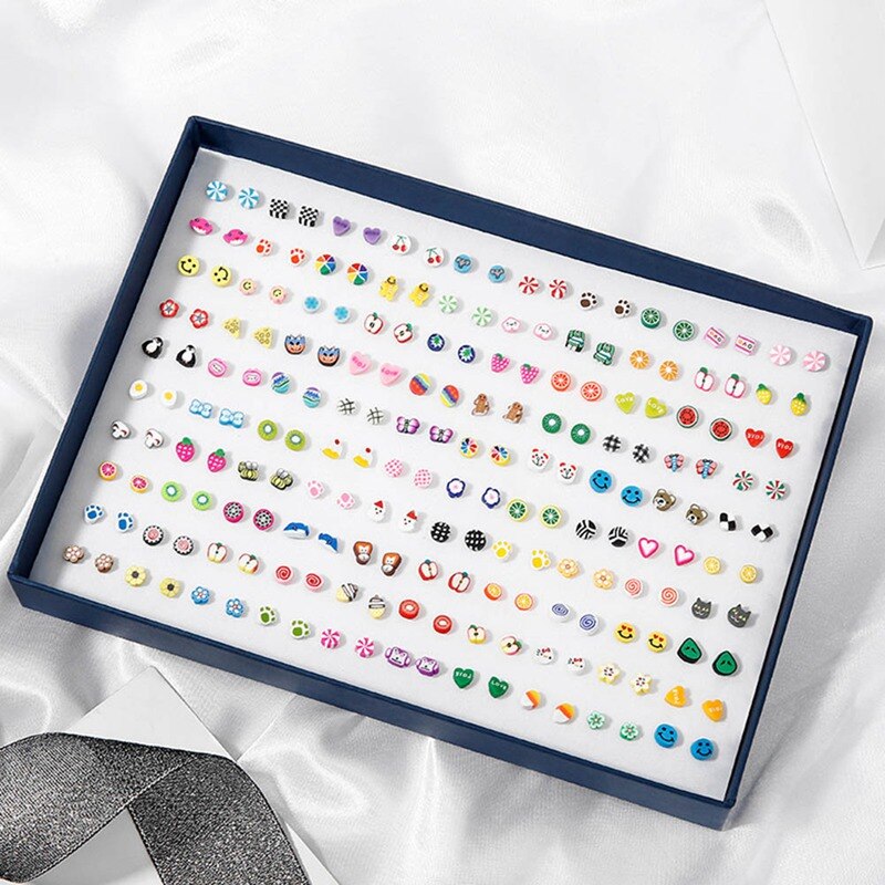100 Pairs/Set Random Plant Fruit Animal Stud Earrings For Women Girls Kids Jewelry Cute Bear Polymer Clay Earring Set Mix
