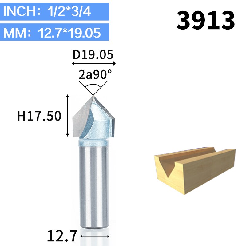 HUHAO 1 Uds 1/2 "1/4" vástago fresas de enrutador de grado Industrial para madera 90 Deg V tipo ranurado cortador de tungsteno herramienta de tallado de carpintería: 3913