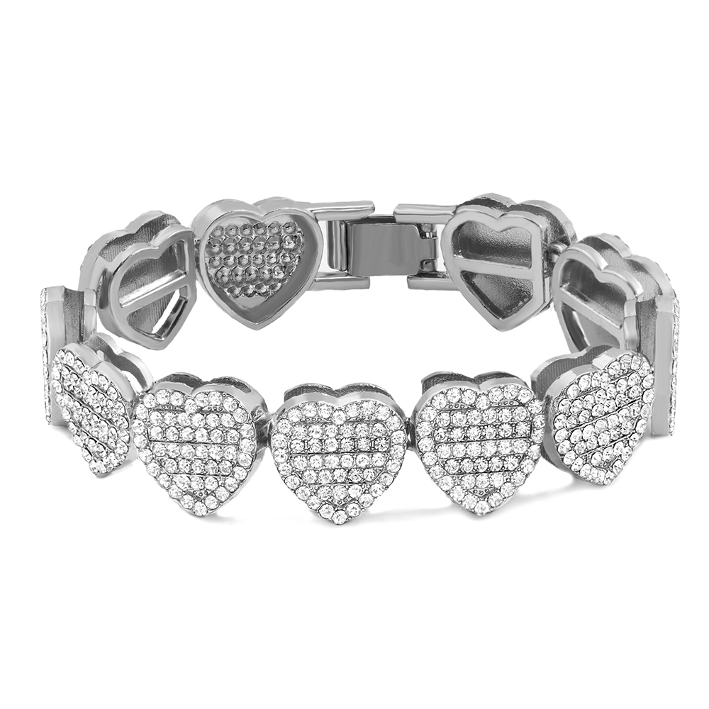 Crystal Heart Cuban Link Ketting Armband Voor Vrouwen Full Strass Hiphop Luxe Bling Chunky Armband Bruiloft Sieraden Cadeau: Reddish Brown