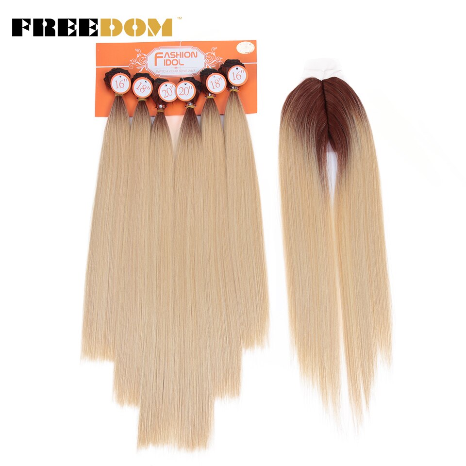 FREEDOM mèches Yaki synthétiques lisses ombrées de 16 à 20 pouces avec Closure, extensions de cheveux, lot de 7 pièces