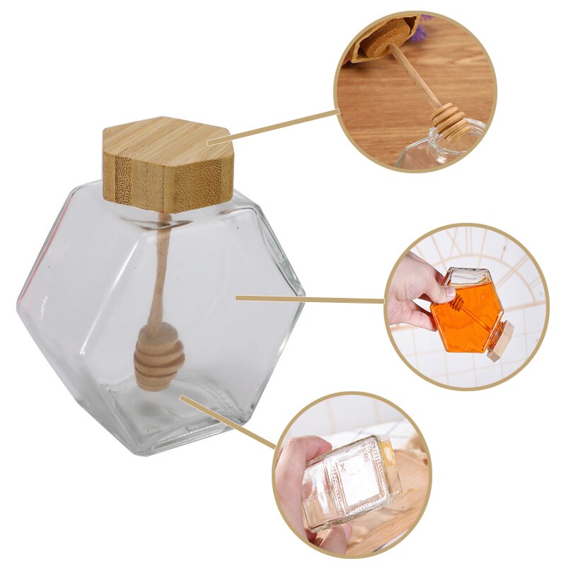 220ML/380ML Hexagonal Glass Honey Bottle with Wooden Stirring Rod Packaging Bottle Small Honey Bottle Container Honey Jar