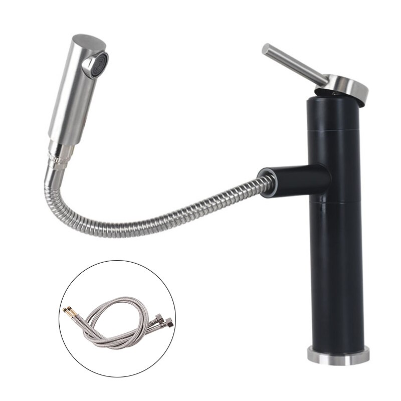 Brass Bathroom Basin Faucet 60cm Pull Out Basin Faucet Cold Mixer Crane Basin Taps Rotatble Brushed Gold: Nickle Black-B
