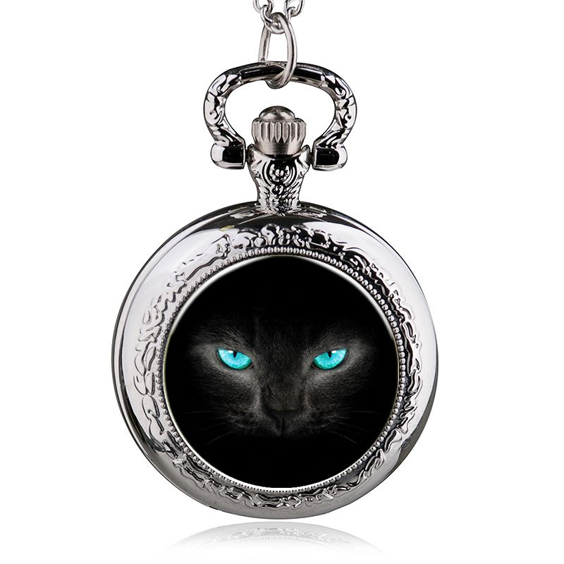 Mooie Kat Patroon Cover Pocket Fob Horloges Met Ketting Ketting Hanger Ketting Vrouwen Quartz Horloge