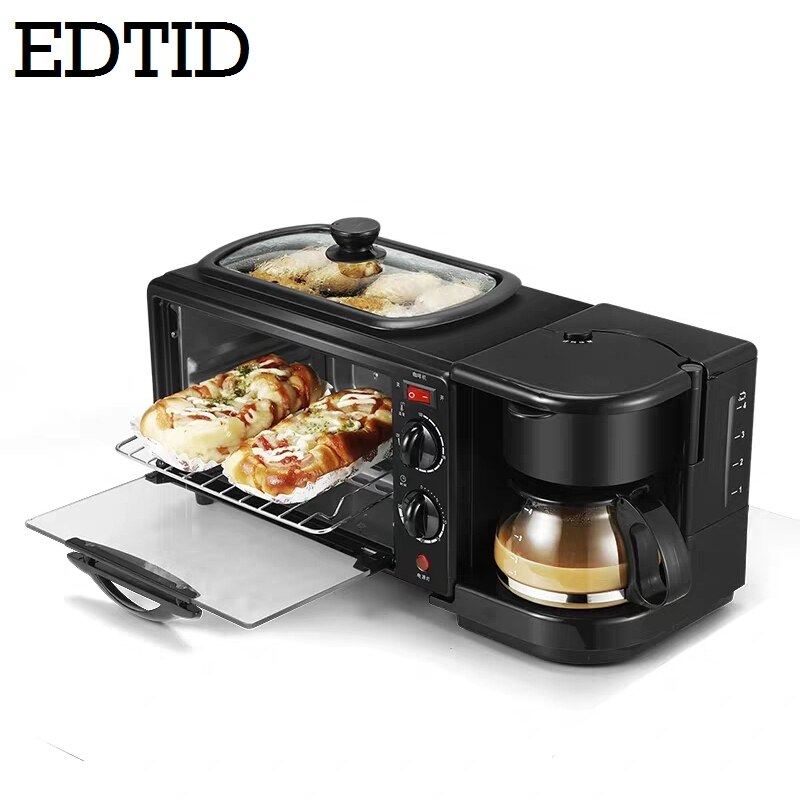 Edtid elektrisk 3 in 1 morgenmaskine multifunktionel mini dryp amerikansk kaffemaskine pizzaovn ægomelet stegepande brødrister