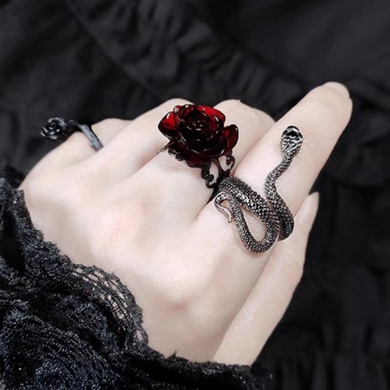Anillos de apertura de rosa roja estilo gótico Retro para mujer, anillo de dedo hueco con flor de cristal con personalidad Punk, joyería de de Hip Hop Rock