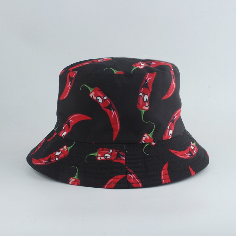 Aubergine tomat gurka peppar tryck fiskare hatt sommar solhattar för män kvinnor utomhus casual vändbar hink hatt: Peppar svart