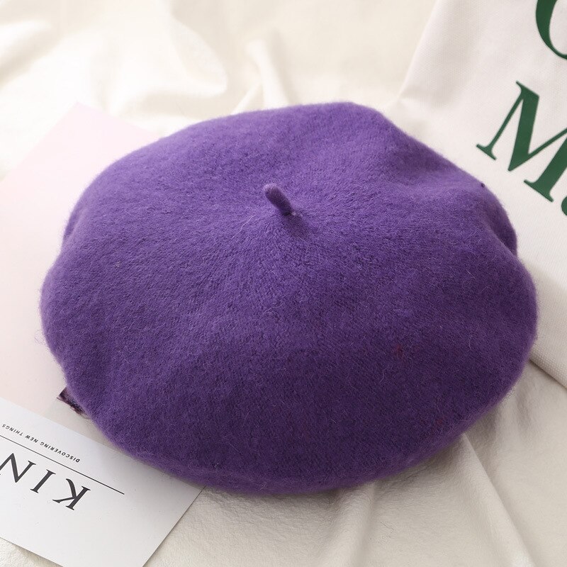 21 Kleuren Lady Herfst Winter Baret Hoed Schilder Hoed Vrouwen Wol Vintage Baretten Effen Kleur Caps Vrouwelijke Motorkap Warme Wandelschoenen cap: Light Purple