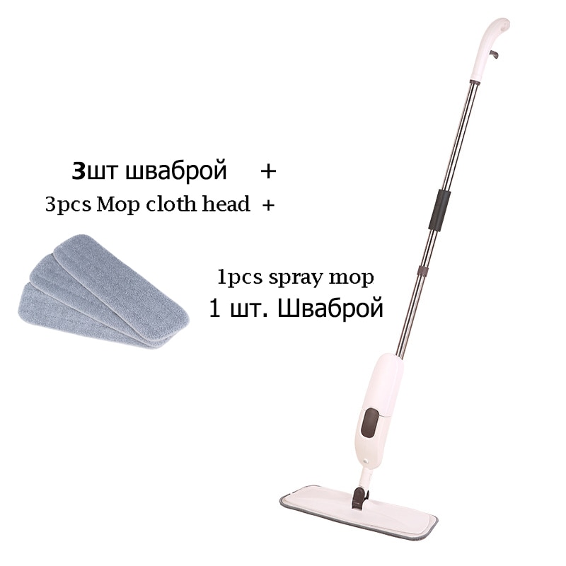 Spray Mop Magic Clean Mop Windows Wooden Floor Ceramic Tile Automatic Home kitchen Bathroom Cleaning Tools Household: White-3cloth