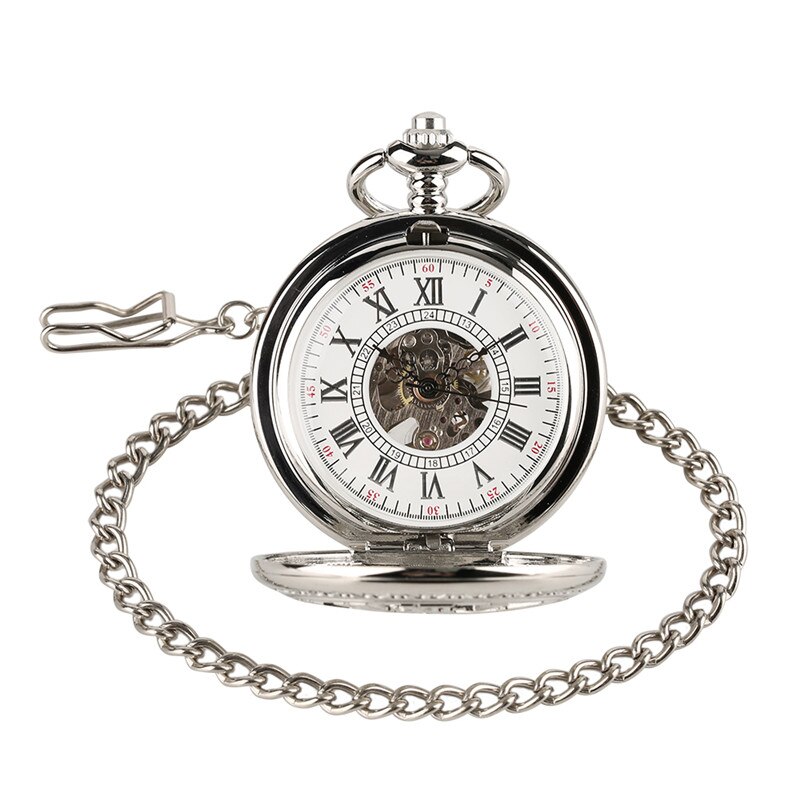 Fob Mechanische Hand Wind Pocket Horloges Met Ketting Ketting Hollow Crown Pointers Romeinse Cijfers Zilveren Horloge Elegante Klok