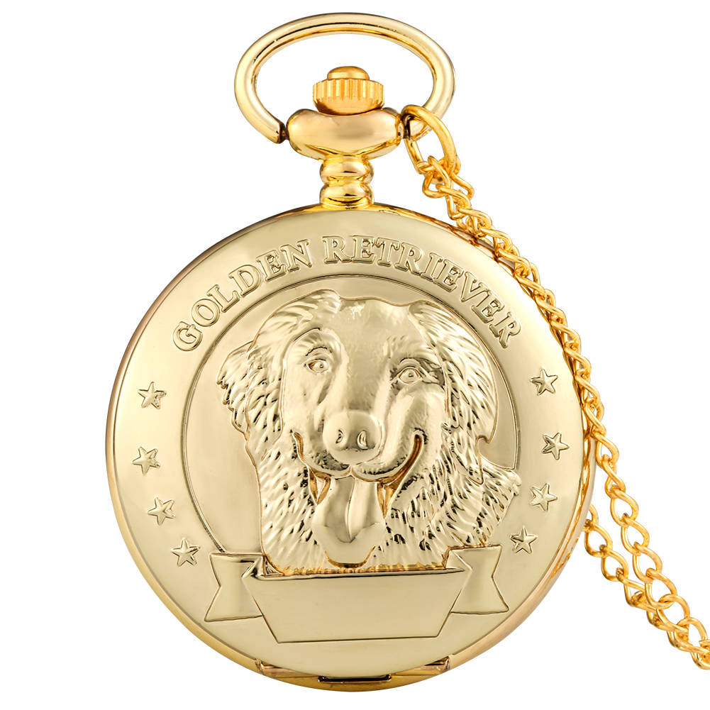Antieke Leuke Amerikaanse Korthaar Quartz Zakhorloge Opluchting Goud Kleur Vintage Horloge Voor Man Vrouwen Best Reloj De Bolsillo: Golden retriever